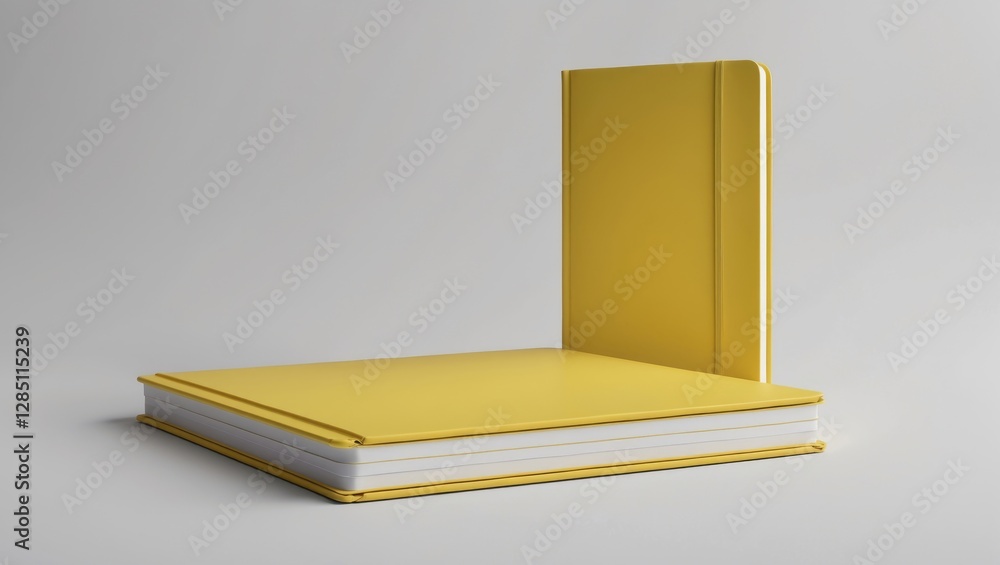 Poster mockup of a yellow notebook resting closed against a white backdrop.