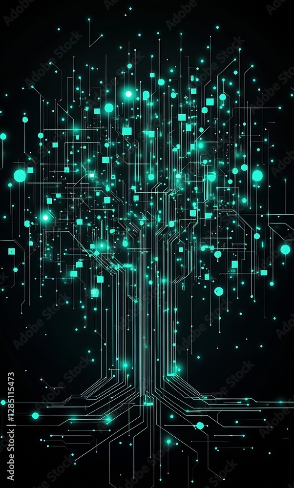 Poster Futuristic Digital Tree with Flowing Circuitry Against a Sleek Black Background : Generative AI