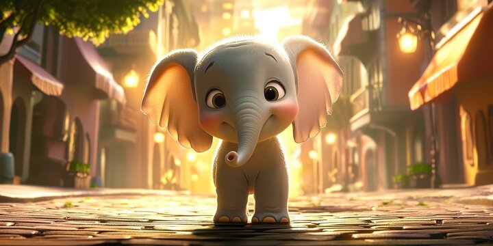 Small elephant is standing on a brick walkway