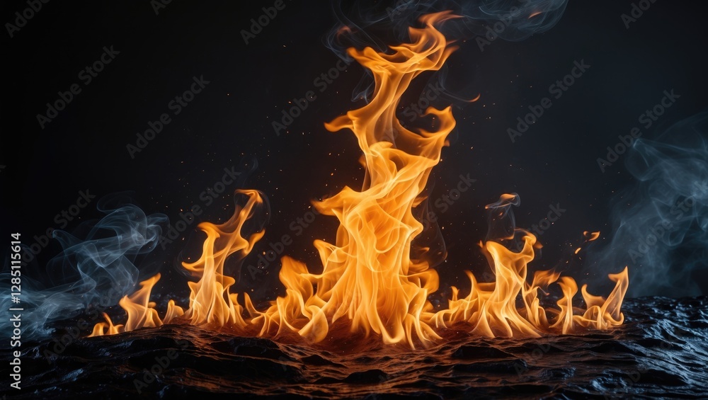 Poster burning flames against a dark backdrop with space for text