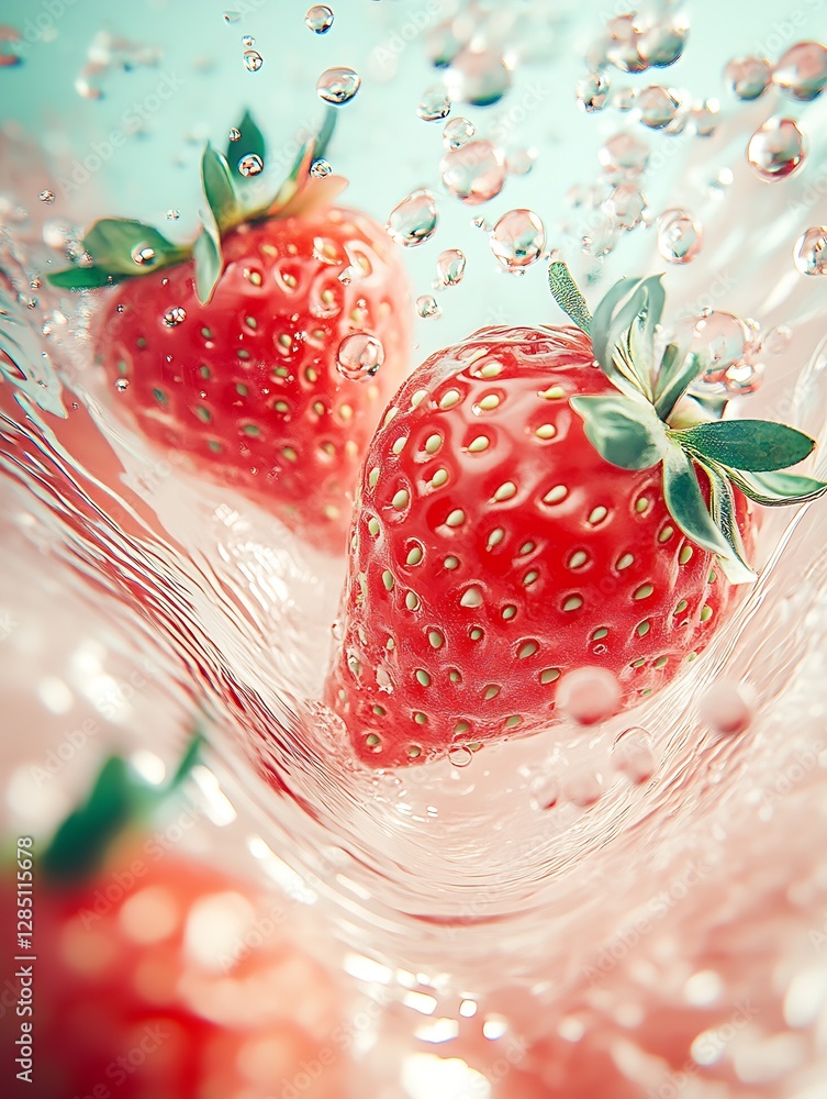 Fototapete fresh strawberries splashing in clear water creating an artistic and vibrant scene : generative ai