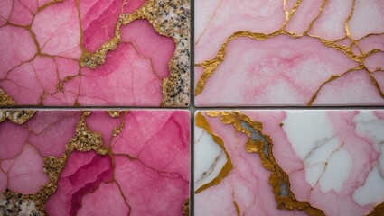 Pink and gold patterns are visible in granite pieces, resembling a ceramic tile design. This art representation features luxurious hues, suitable for interior decor, showcasing pink artwork on a ma...