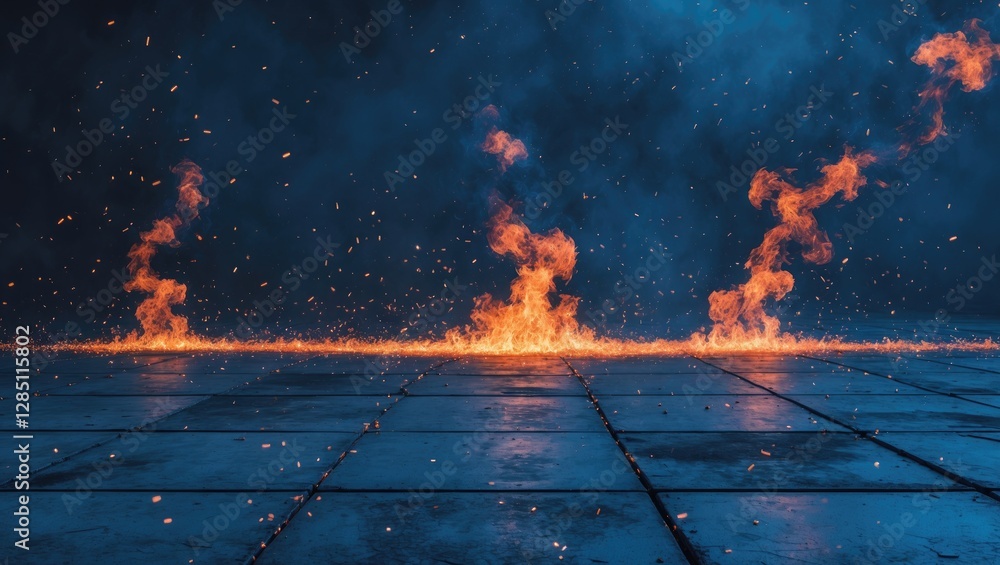Poster a concrete abstraction featuring a blue backdrop with soaring fire particles