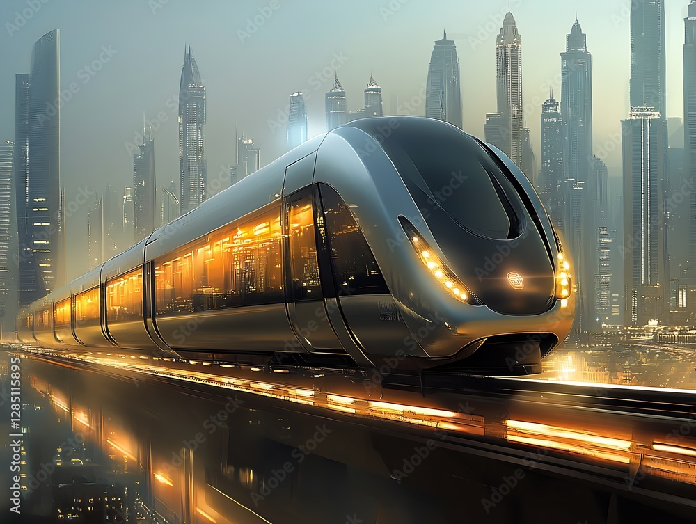 Poster dynamic high-speed train moving gracefully through a contemporary cityscape at twilight : generative