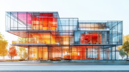 Obraz premium Modern glass office building with orange and red accents.