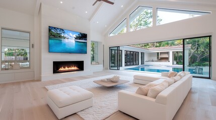 Fototapeta premium Modern Open-Plan Living Room with Pool View, Interior Design, Relaxing