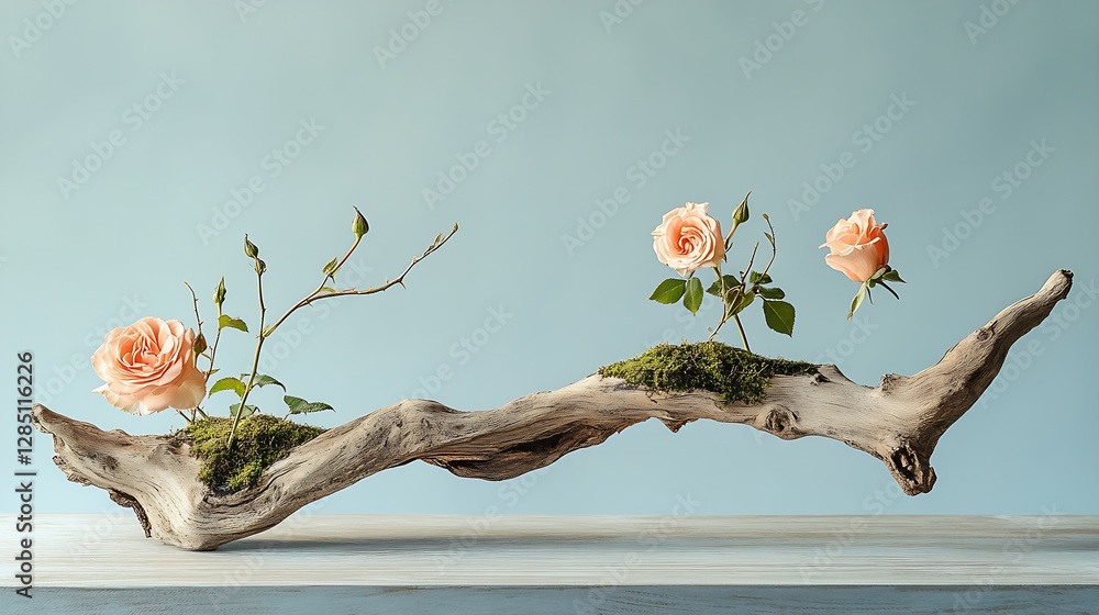 Poster artistic floral arrangement featuring roses and driftwood creating a unique display : generative ai