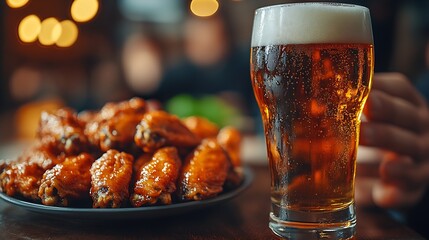 Delicious Plate of Hot Chicken Wings Paired with a Freshly Poured Pint of Beer : Generative AI