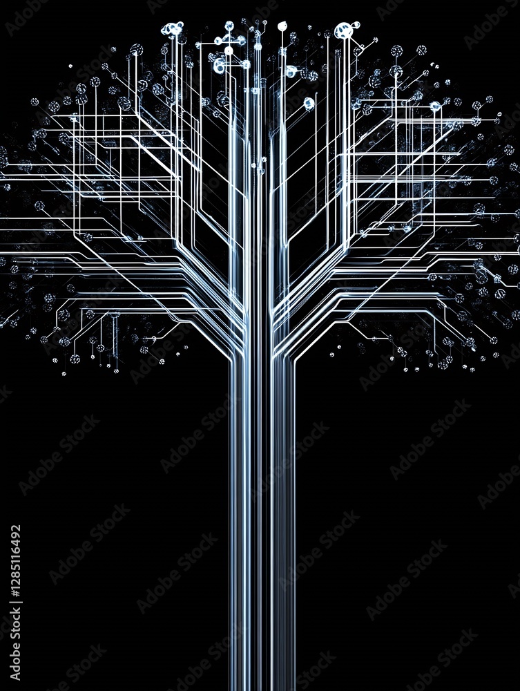 Poster Abstract digital artwork depicting a tree structure with advanced circuit designs in glowing lines : Generative AI