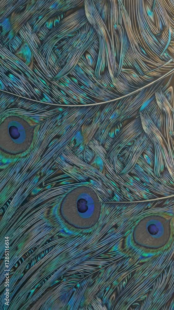 Poster close-up video angle of vibrant peacock feathers, showcasing intricate patterns and iridescent color