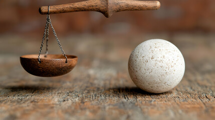 Wooden scales balance sphere, rustic background, justice concept, stock photo