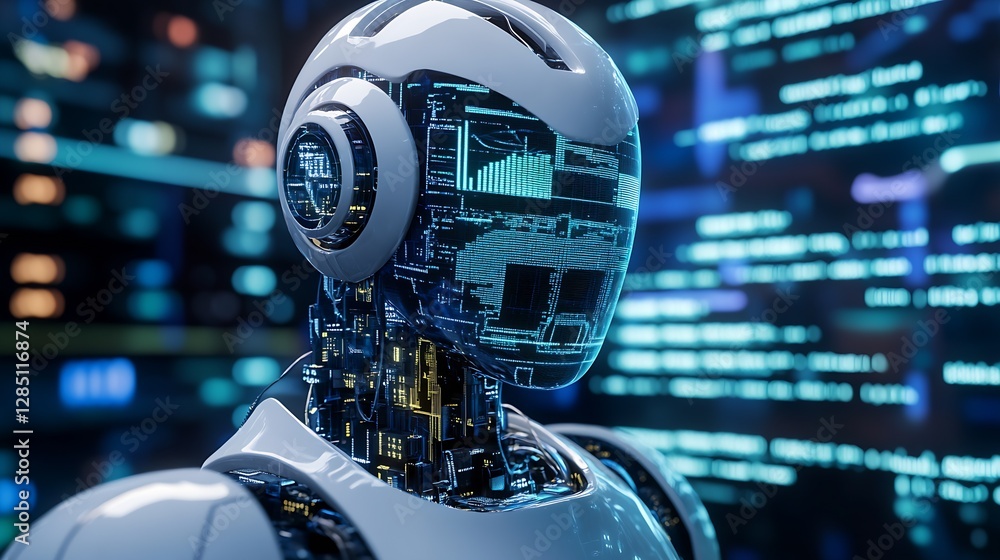 Poster Futuristic Robot Head with Digital Display and Advanced Technology Background : Generative AI