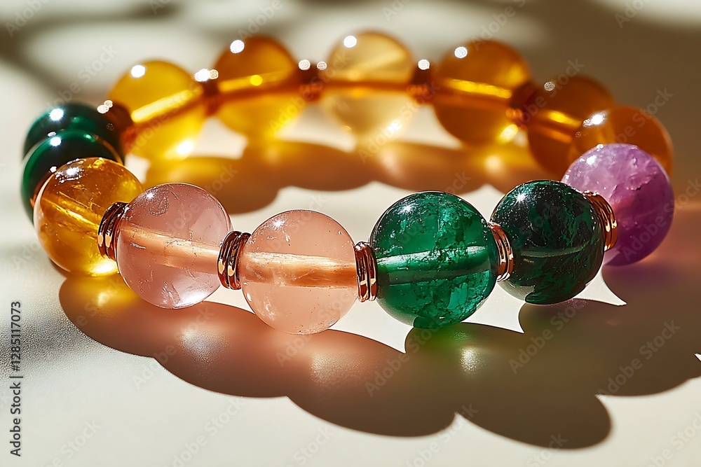 Aufkleber colorful gemstone bracelet adorned with various vibrant beads, highlighted by soft natural light in 