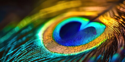 Fototapeta premium Close up of a peacock feather with a blue and yellow center