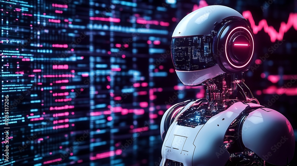Poster Futuristic humanoid robot featuring advanced technology with neon lights and holographic display in a digital environment : Generative AI