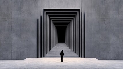Solitary Figure Standing Before Dark Abstract Tunnel Structure