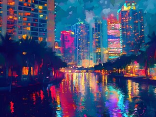 City Skyline Reflection Painting with Vibrant Colors and Urban Landscape