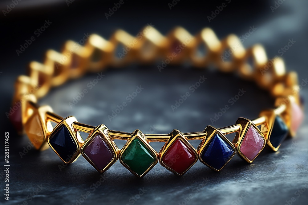 Poster close-up view of an elegant golden bracelet embellished with colorful gemstones shining brightly : g