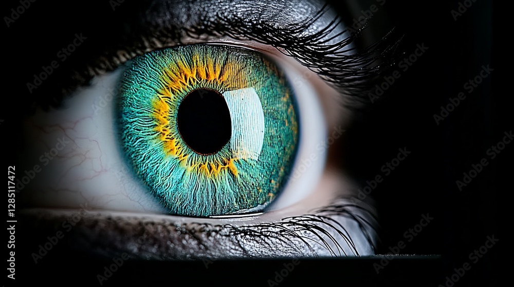Poster close-up of a colorful human eye with intricate patterns and textures