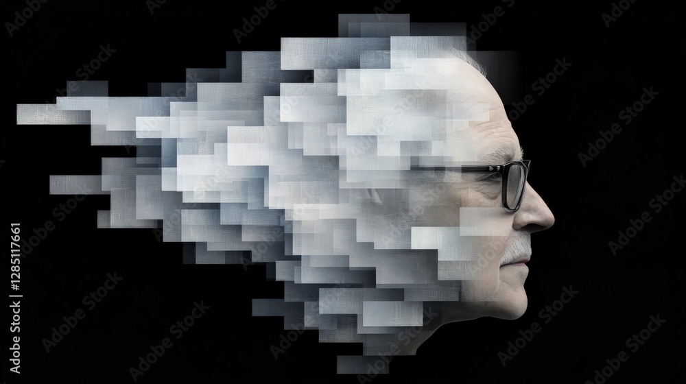 Poster portrait of an elderly man with abstract digital fragmentation effect