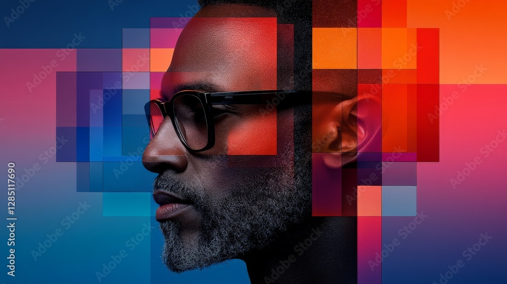 Poster profile of man with geometric color blocks in abstract art design