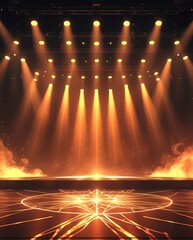 Dramatic stage illuminated by golden spotlights with a smoky atmosphere, creating a powerful concert, performance, or event scene with dynamic lighting and cinematic depth

