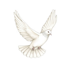 A finely crafted illustration of a single white dove in a gentle gliding motion, transparent background, PNG