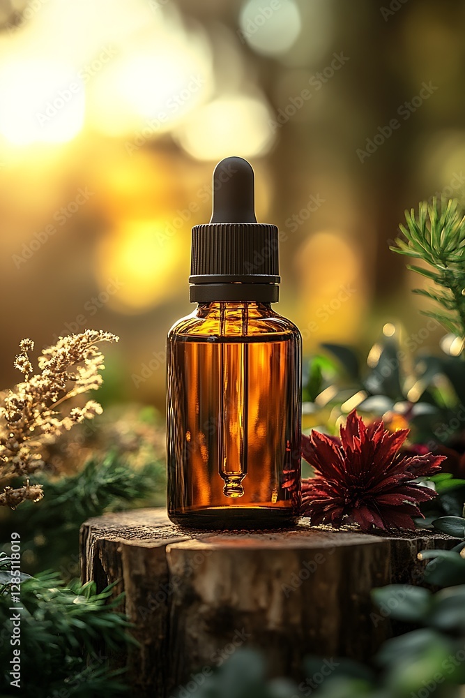 Poster amber glass dropper bottle surrounded by nature in a soft focus green environment : generative ai
