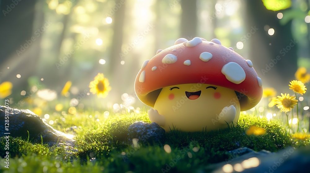 Poster Charming Animated Mushroom Character in a Lush Green Forest with Delicate Sunlight : Generative AI
