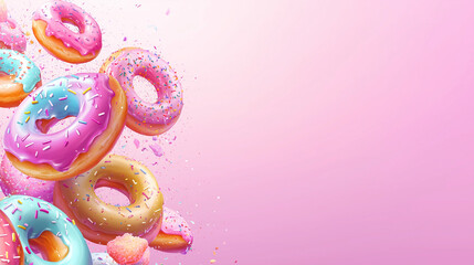 National Doughnut Week, banner with pink to soft cream color gradient, illustration of colorful glazed donuts with sprinkles