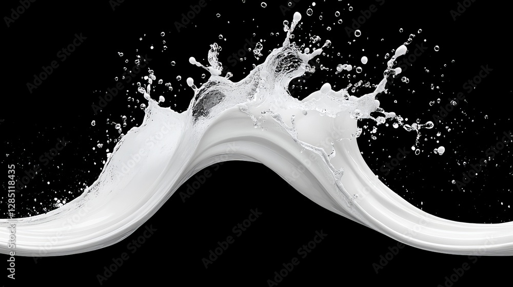 Poster dynamic liquid splash with abstract flowing white forms on black background