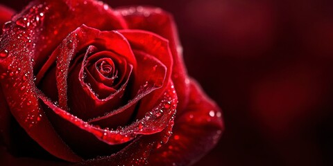 Closeup of a Vibrant Red Rose with Dew Drops evokes Romance and Passion.