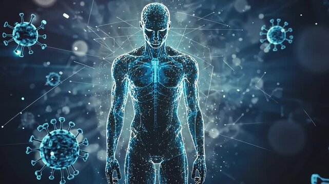 Human Body's Defense: An artistic representation shows a human figure at the center, emanating a sense of strength and resilience, surrounded by stylized viruses, suggesting the immune system's fight.