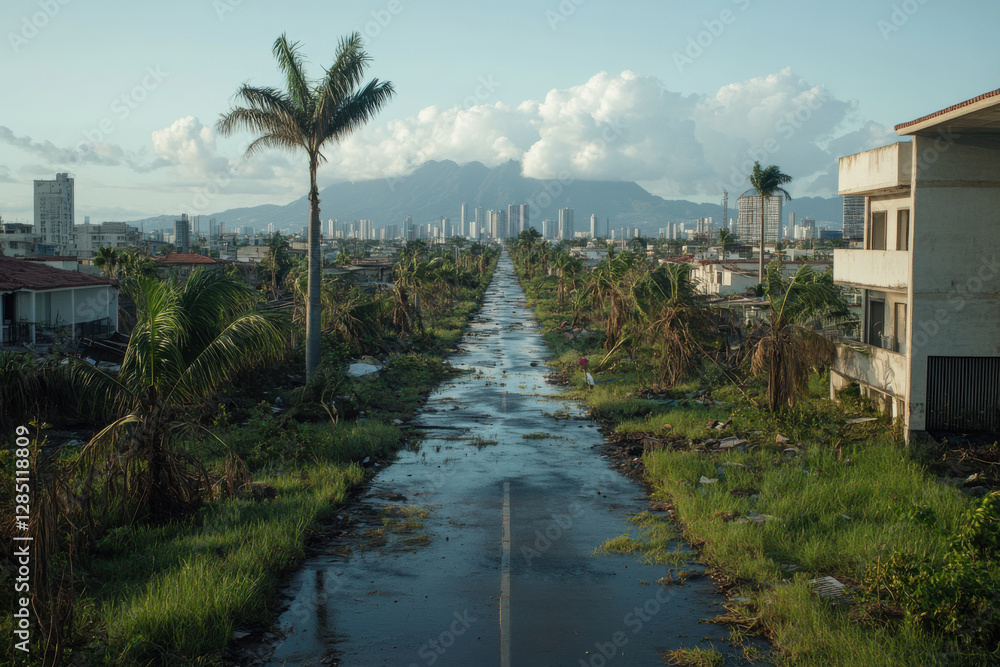 Poster a road is flooded with water and trees are in the background