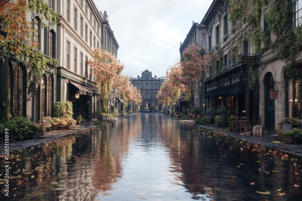 Poster a street with a river running through it and a few trees