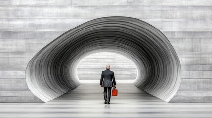 Businessman Walking Through Modern Architectural Tunnel Design