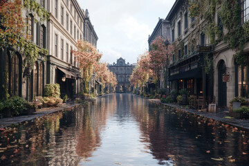 Fototapeta premium A street with a river running through it and a few trees
