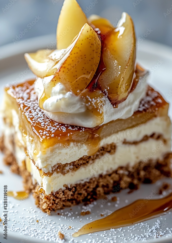 Poster A delectable dessert slice featuring caramelized apples on top of a creamy layered treat drizzled with caramel sauce : Generative AI