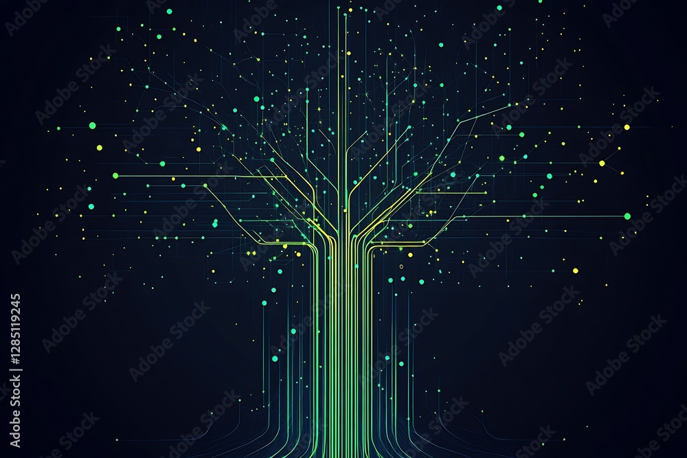 Poster Abstract digital tree design with glowing branches and vibrant dots representing technology and growth : Generative AI