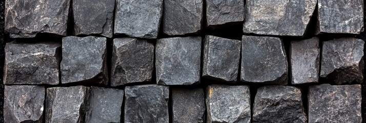 Obraz premium A Close-Up Look at a Stacked Wall of Dark, Rough Stone Blocks: Textured Rocks Arranged in Uniform Rows, Highlighting Natural Variation in Shape and Color