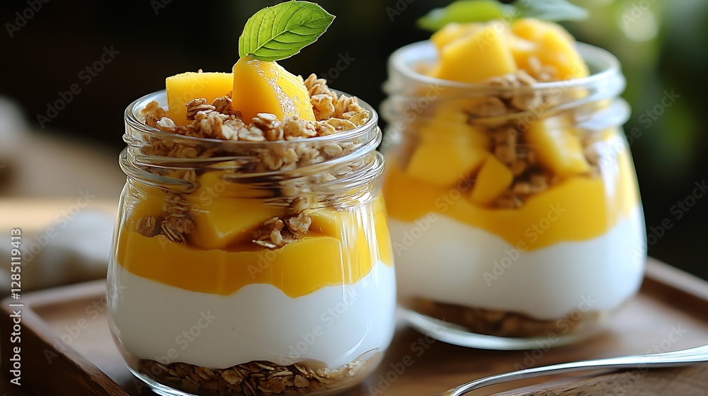 Poster Delicious Mango Parfait with Yogurt Granola and Fresh Mango Slices in a Jar : Generative AI
