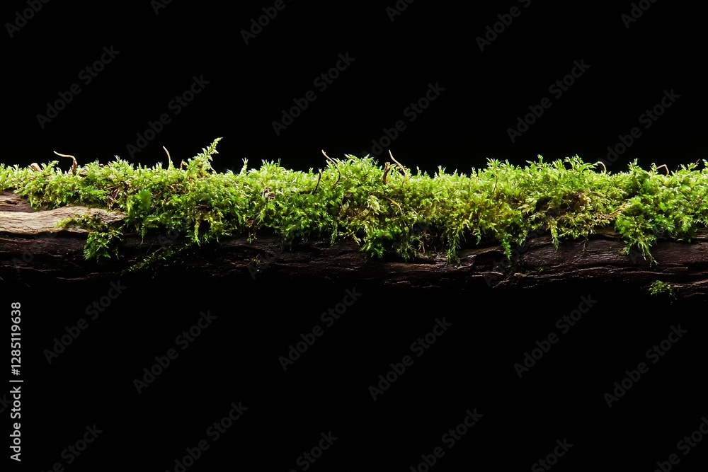 Poster a close-up of lush green moss growing on a log with a dark background emphasizing nature's beauty : 