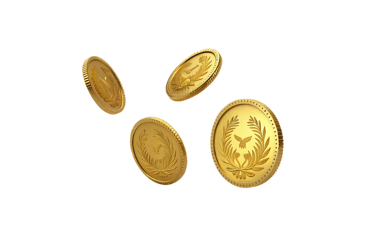 Four floating gold coins feature detailed laurel engravings and bird motifs, symbolizing honor, prosperity, and classic currency aesthetics, isolated on a transparent background