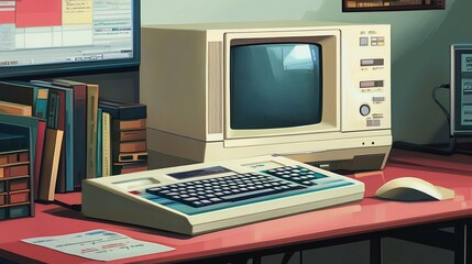 Retro Computer Setup: A nostalgic illustration of a vintage computer workstation, showcasing the simplicity and charm of older technology.