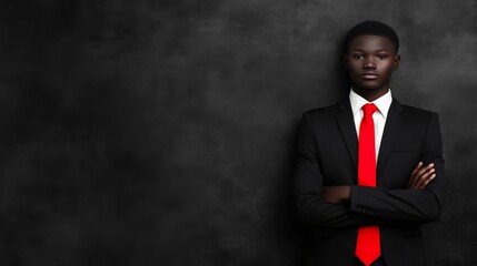Confident Young Man in Suit with Red Tie Against Dark Background