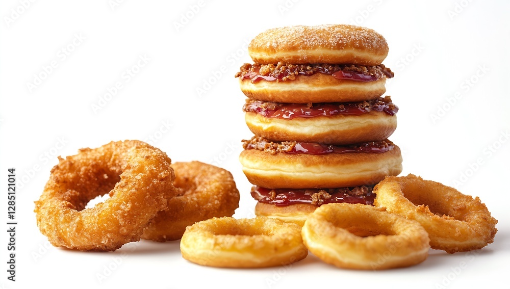 Poster mouthwatering display of assorted donuts topped with jam and crunchy bits for flavor : generative ai