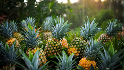 A field of pineapples ripening under the sun. The vibrant green leaves and yellow fruits make a stunning display.