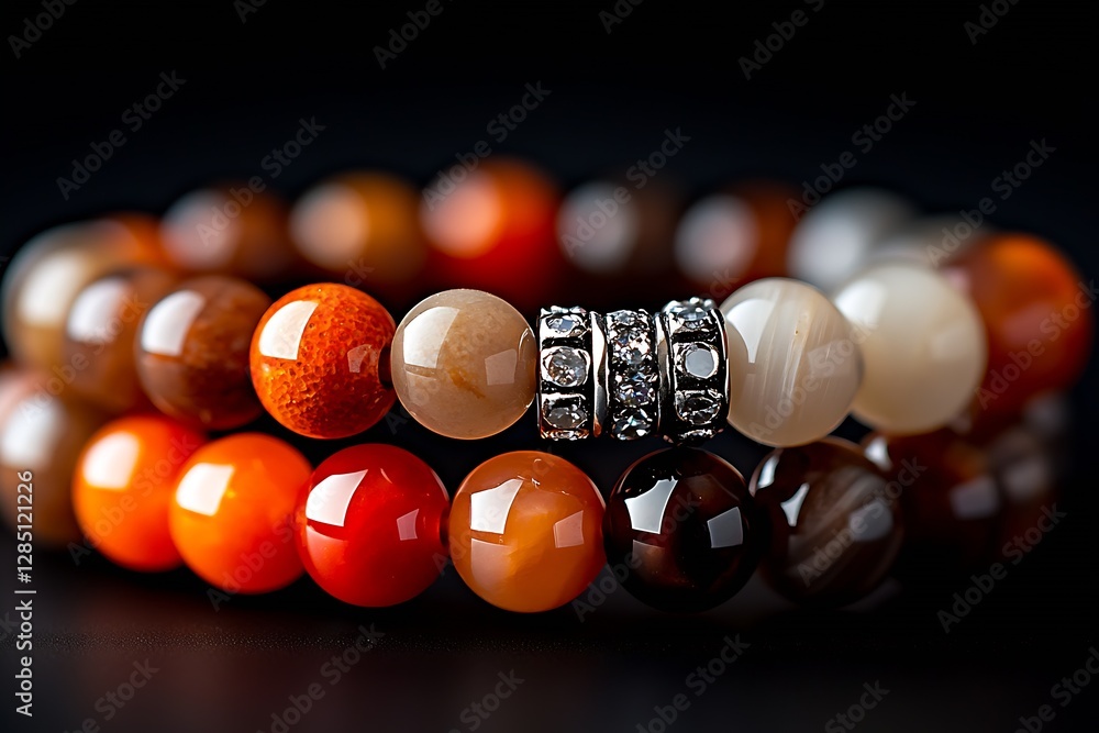 Poster elegant collection of orange and brown gemstone bracelets displayed against a dark background : gene