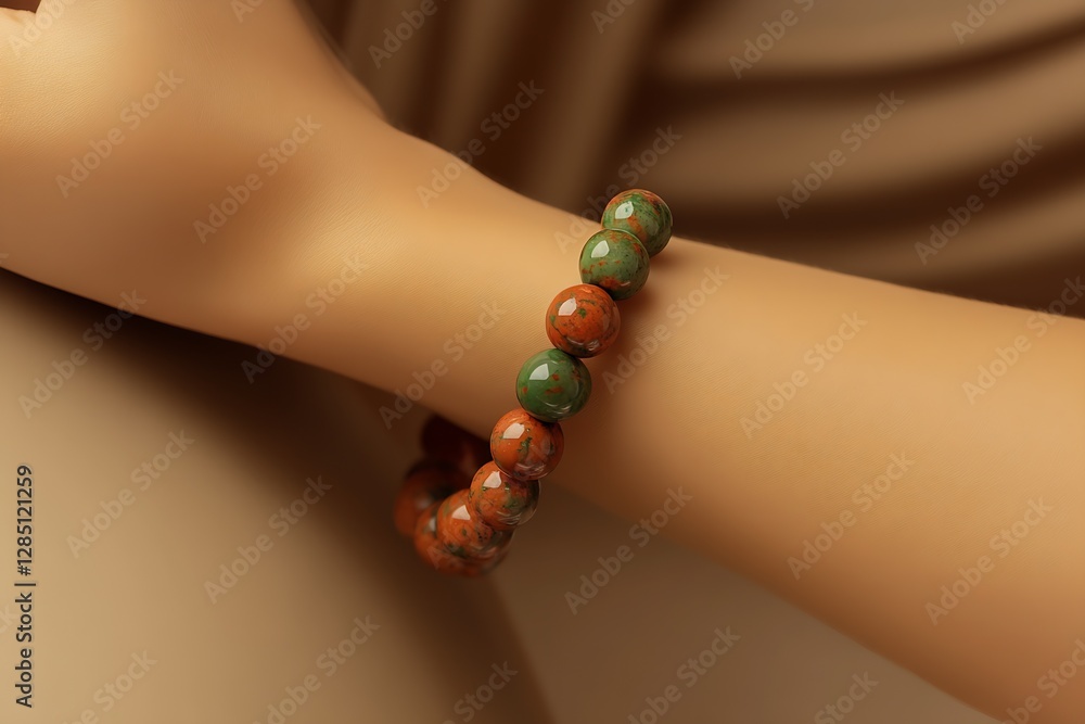 Poster stylish handmade bracelet showcasing unique earth tones and smooth stones against a soft background 