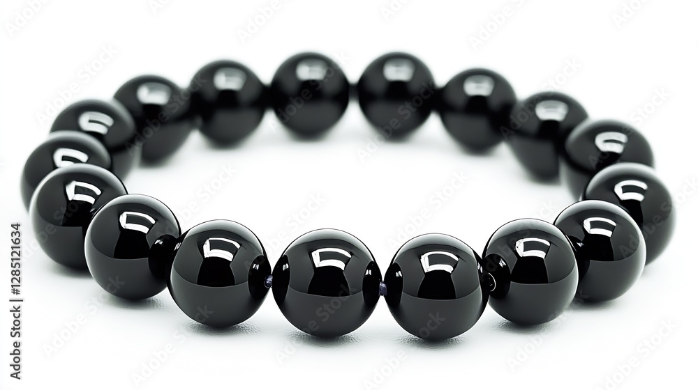 Poster close-up of a glossy black obsidian bead bracelet on a clean surface : generative ai
